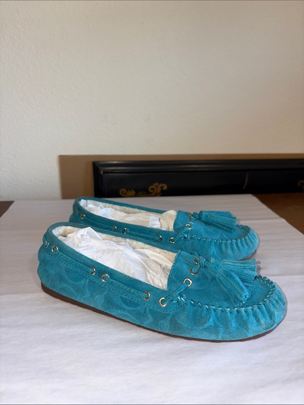 Coach Aqua Blue suede Moccasins with tassels